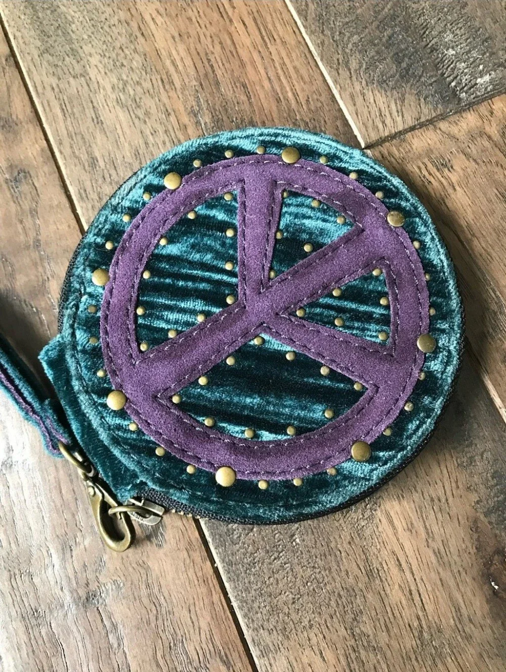 Velvet Round Coin Purse with Purple Peace Emblem - Teal